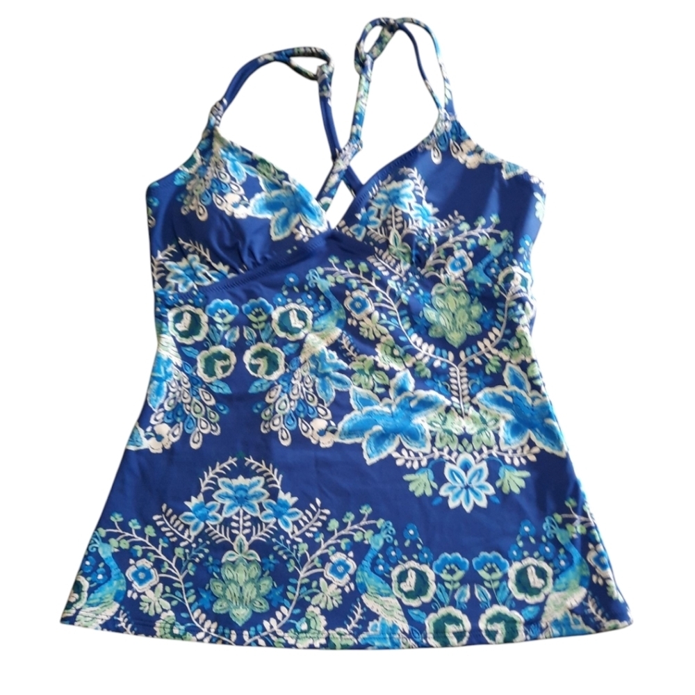 Garnet Hill Blue Peacock Tankini Top Size 8